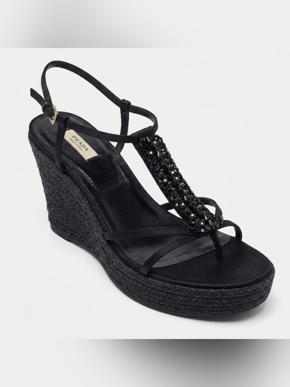 Prada Black Satin Wedge Sandal Beaded T-Bar Strap Jute Covered Sole SZ 38.5/US 8